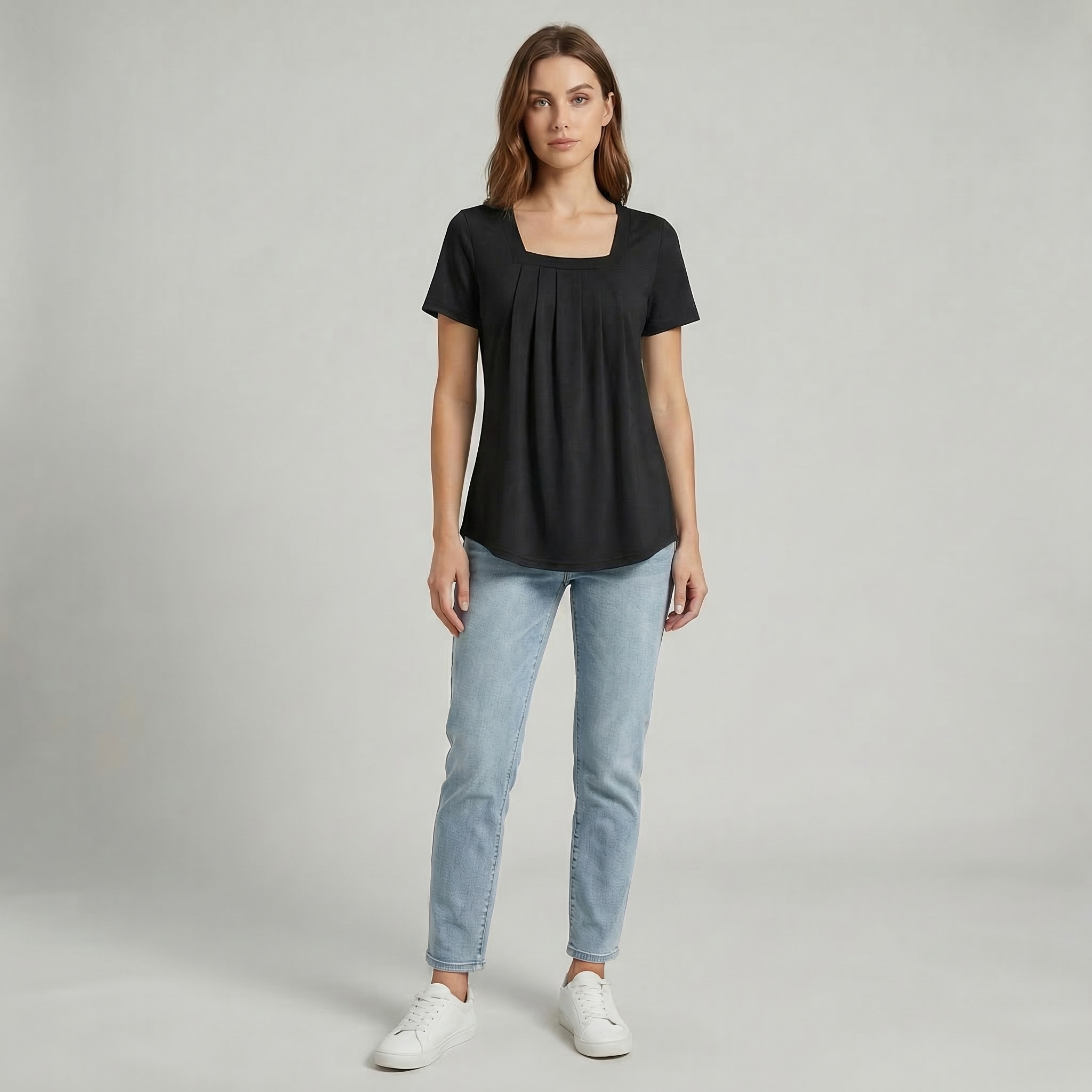 Women’s Square Neck Pleated Short Sleeve Top