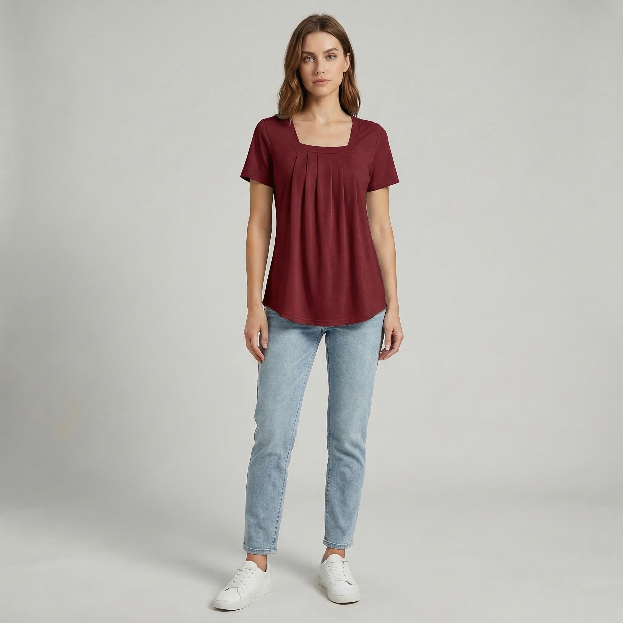 Women’s Square Neck Pleated Short Sleeve Top