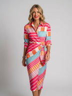 Women's Geometric Stripe Wrap Dress with Tie-Waist and Midi Length