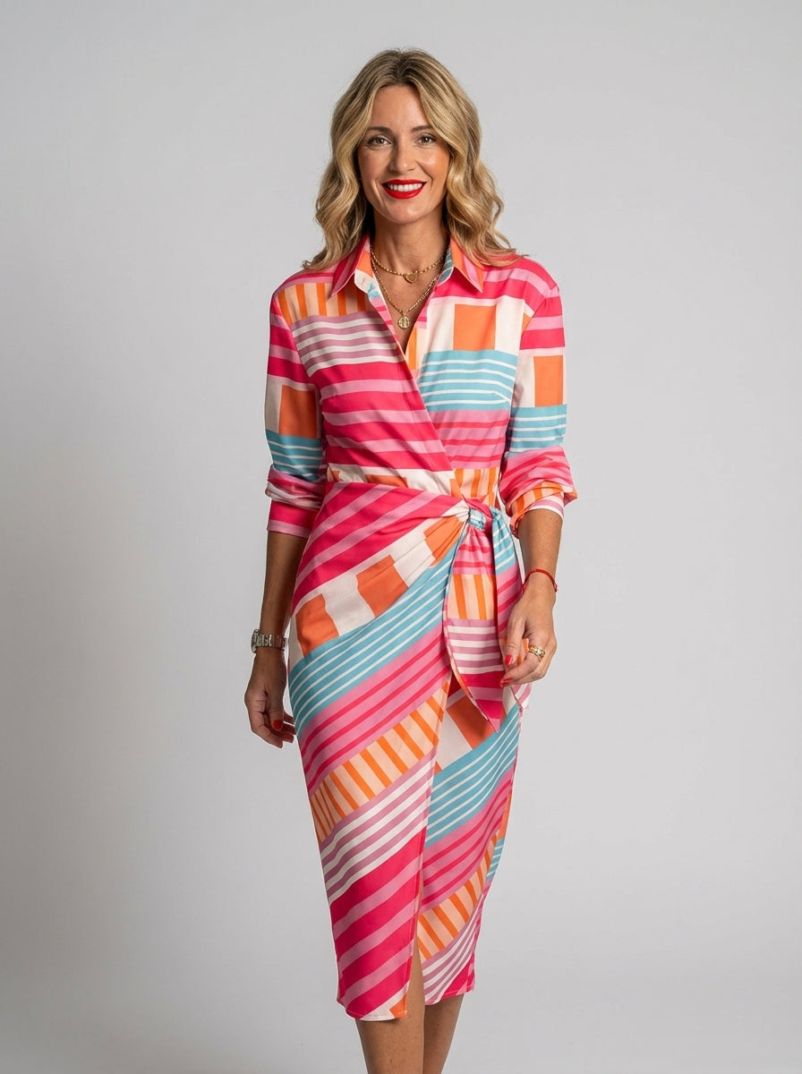 Women's Geometric Stripe Wrap Dress with Tie-Waist and Midi Length
