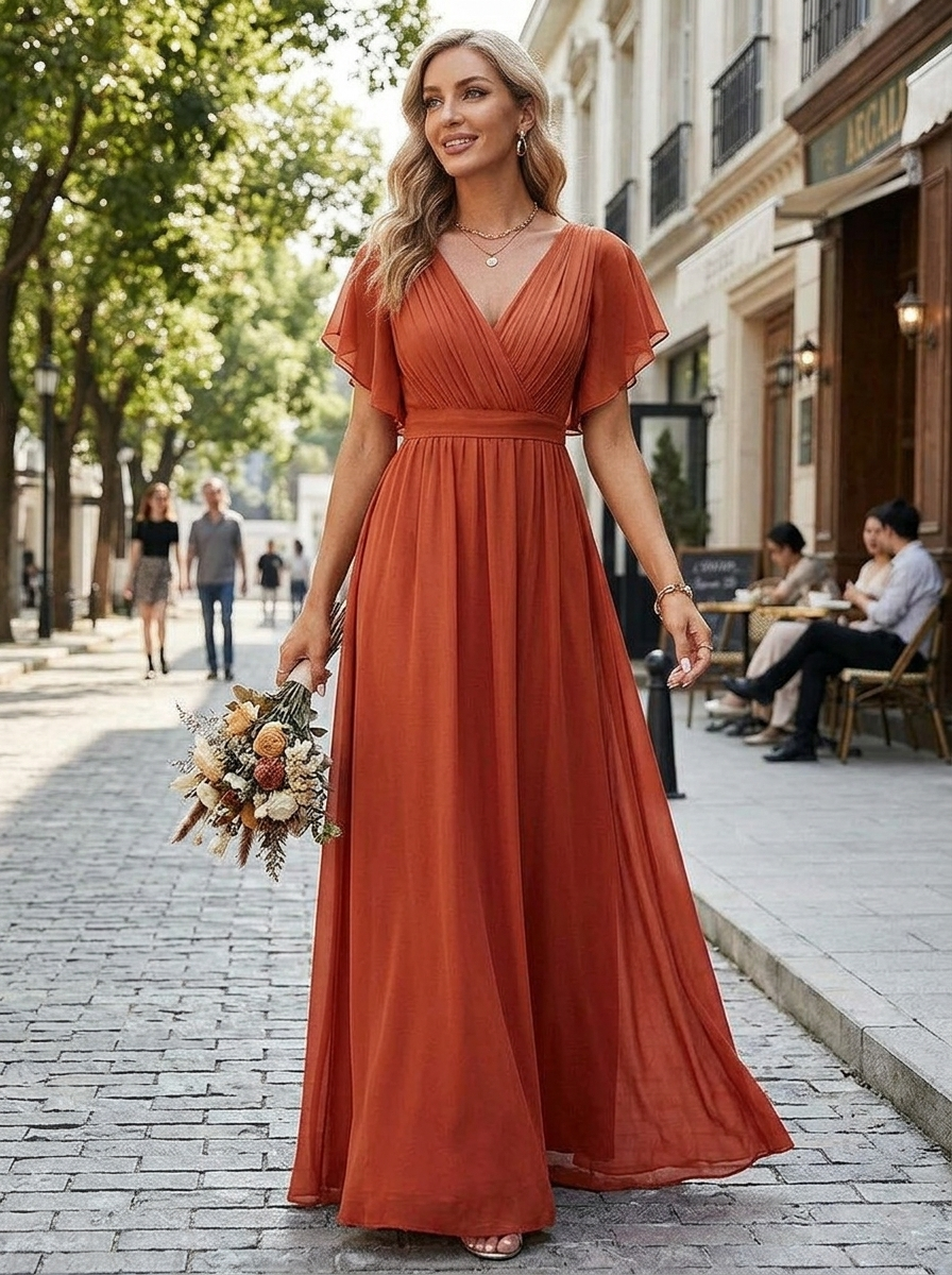 Women's Chiffon Maxi Dress with Flutter Sleeves for Elegant Occasions