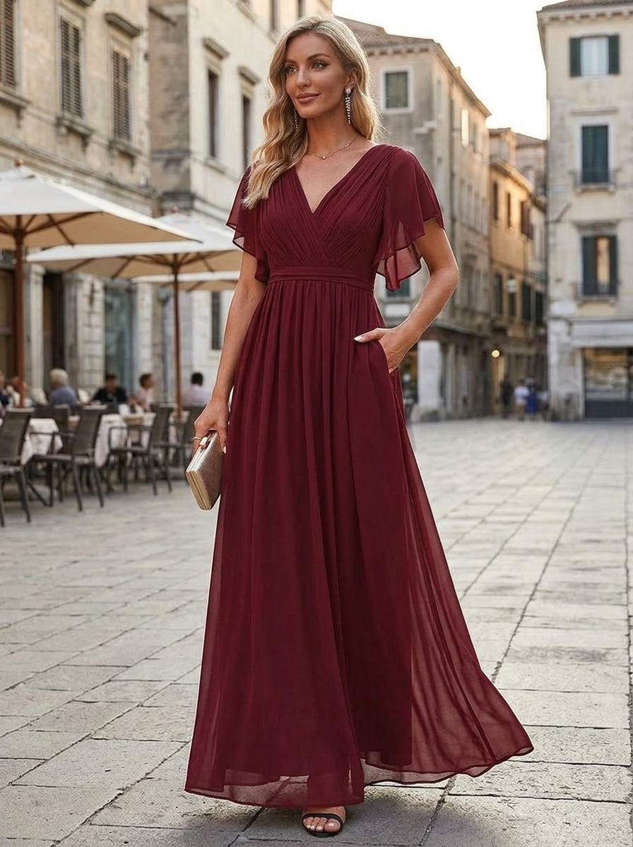 Women's Chiffon Maxi Dress with Flutter Sleeves for Elegant Occasions