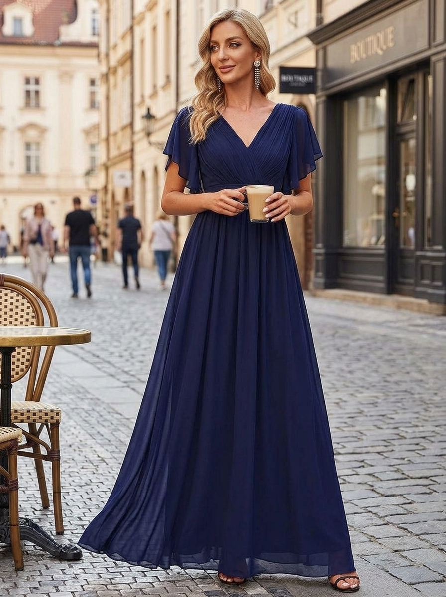 Women's Chiffon Maxi Dress with Flutter Sleeves for Elegant Occasions