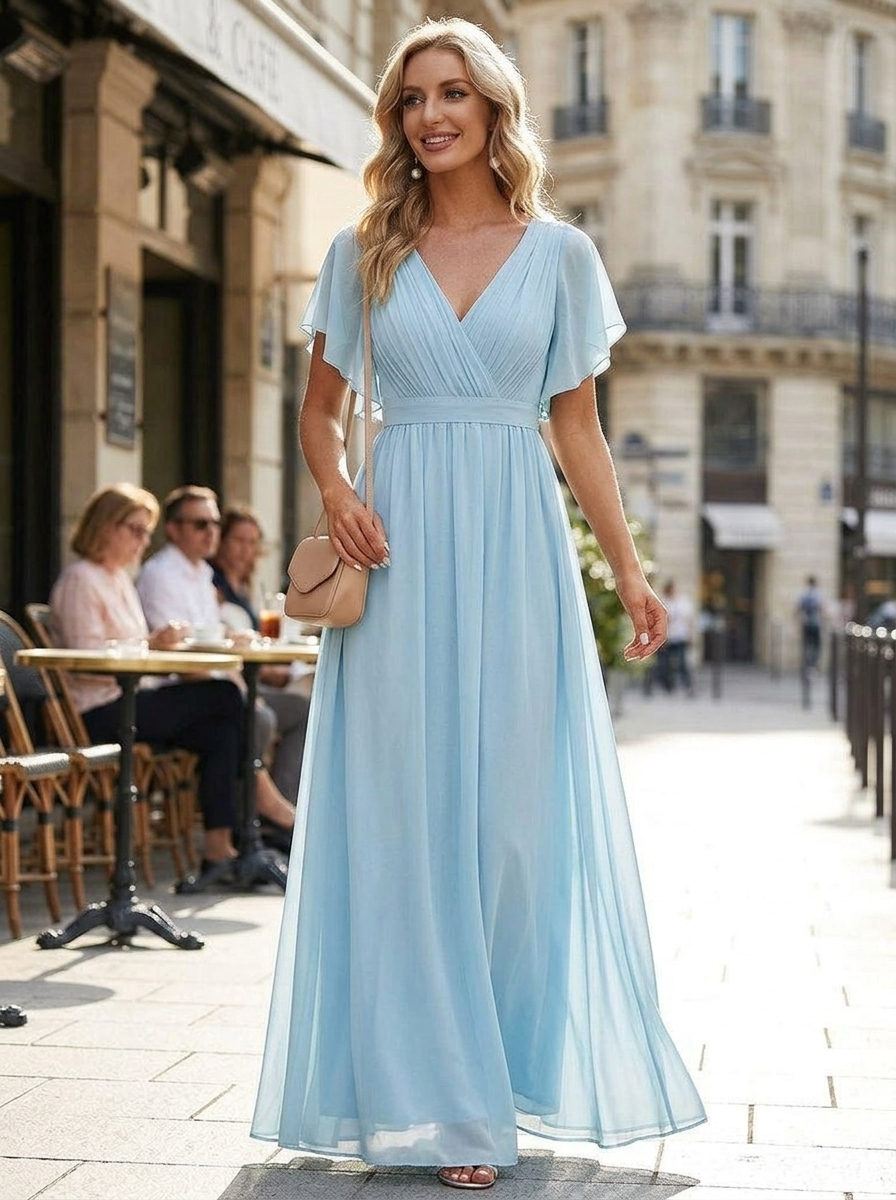 Women's Chiffon Maxi Dress with Flutter Sleeves for Elegant Occasions