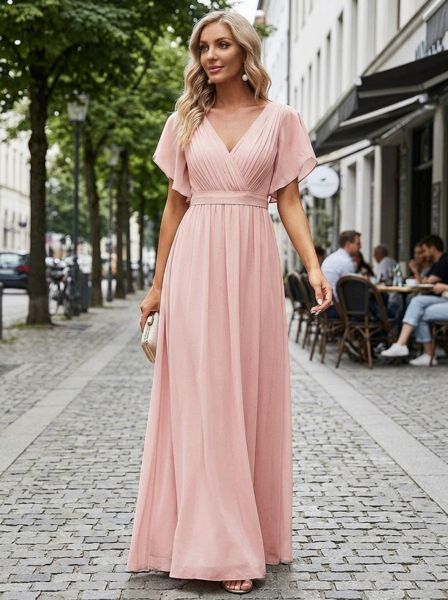 Women's Chiffon Maxi Dress with Flutter Sleeves for Elegant Occasions