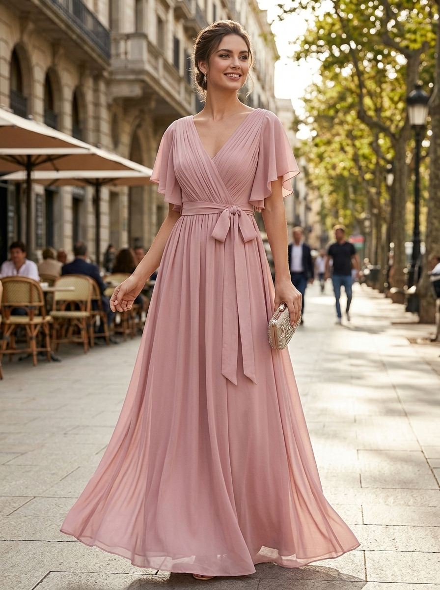 Women's Chiffon Maxi Dress with Flutter Sleeves for Elegant Occasions