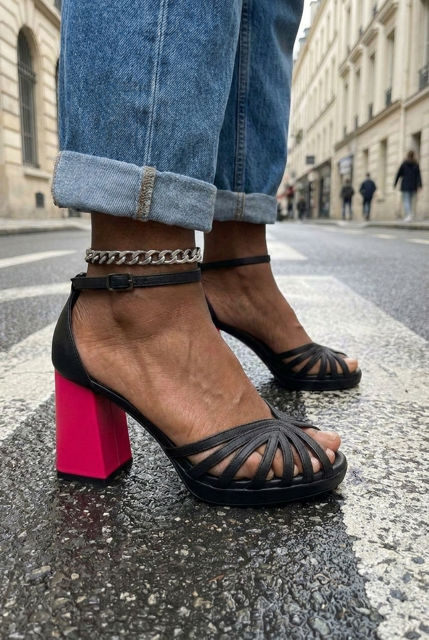 Sandalias de mujer con tiras múltiples y tacón ancho