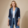 Lang denimjakke til kvinder med denimdetaljer