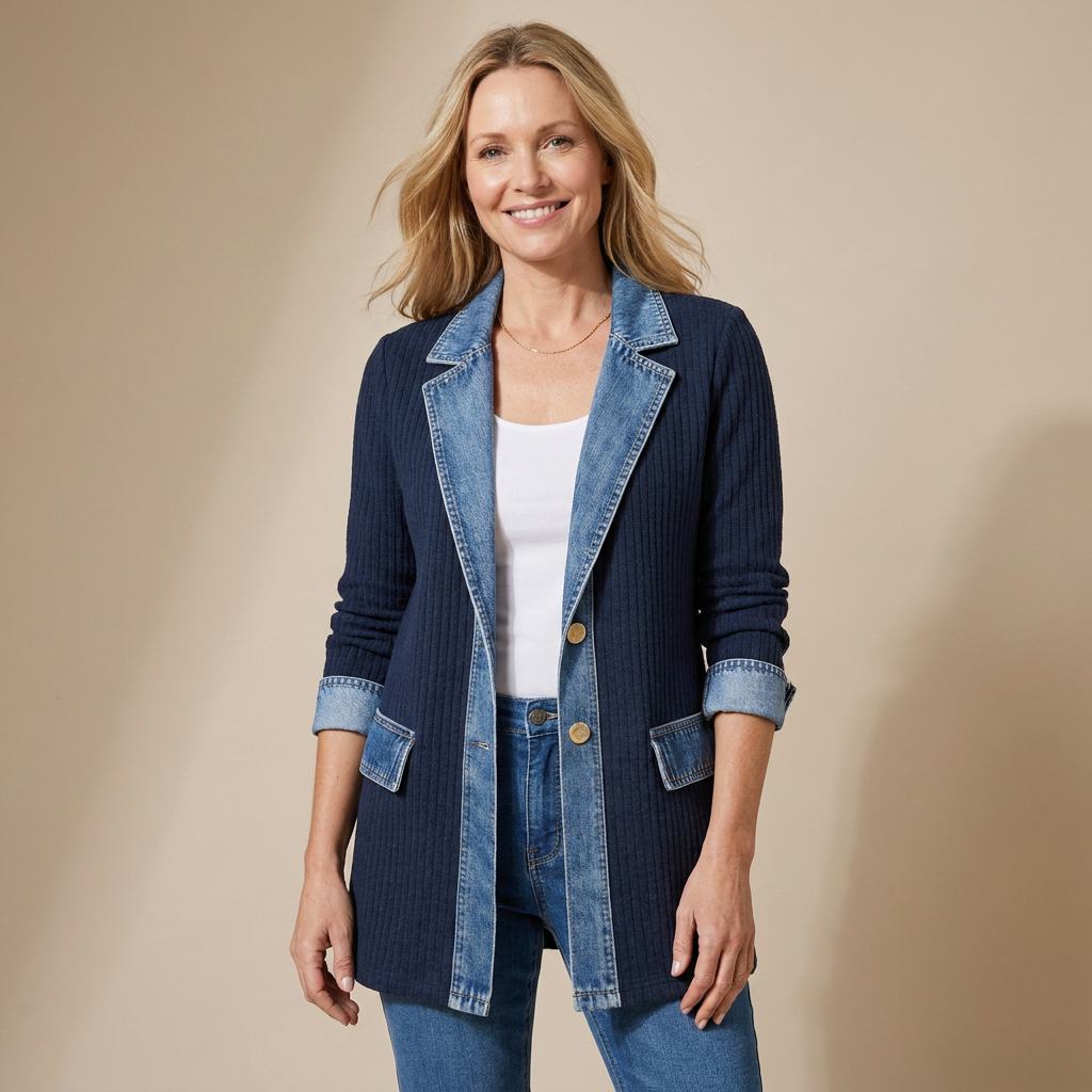 Lang denimjakke til kvinder med denimdetaljer