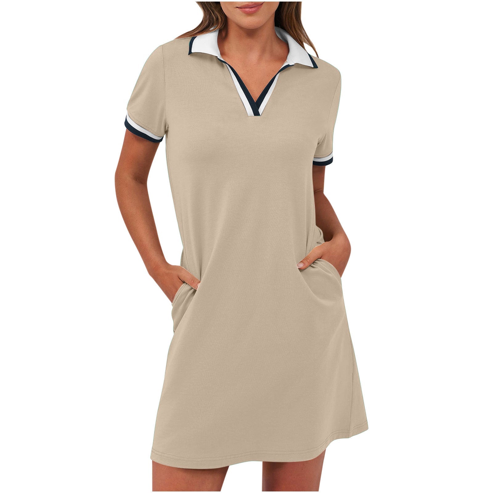 Women's Short Sleeve Contrast Trim Polo A-Line Mini Dress