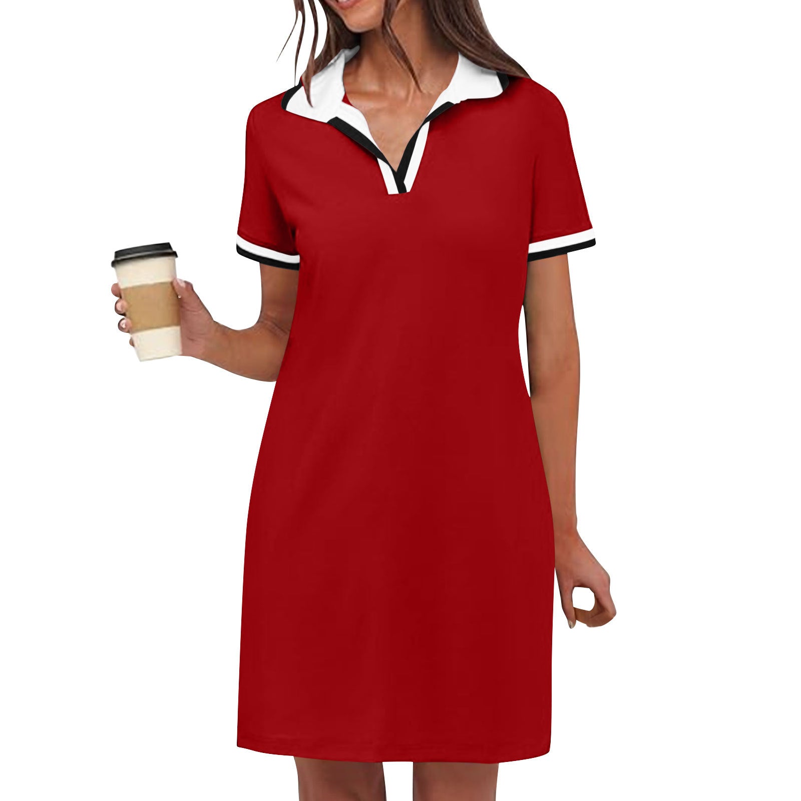 Robe mini polo à manches courtes avec bordure contrastée et coupe évasée pour femme