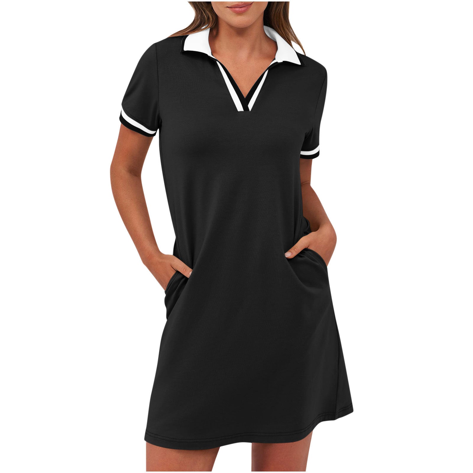 Robe mini polo à manches courtes avec bordure contrastée et coupe évasée pour femme