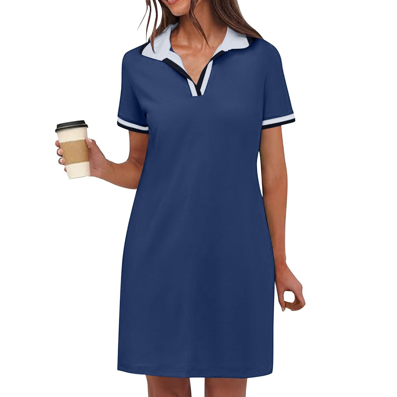 Robe mini polo à manches courtes avec bordure contrastée et coupe évasée pour femme