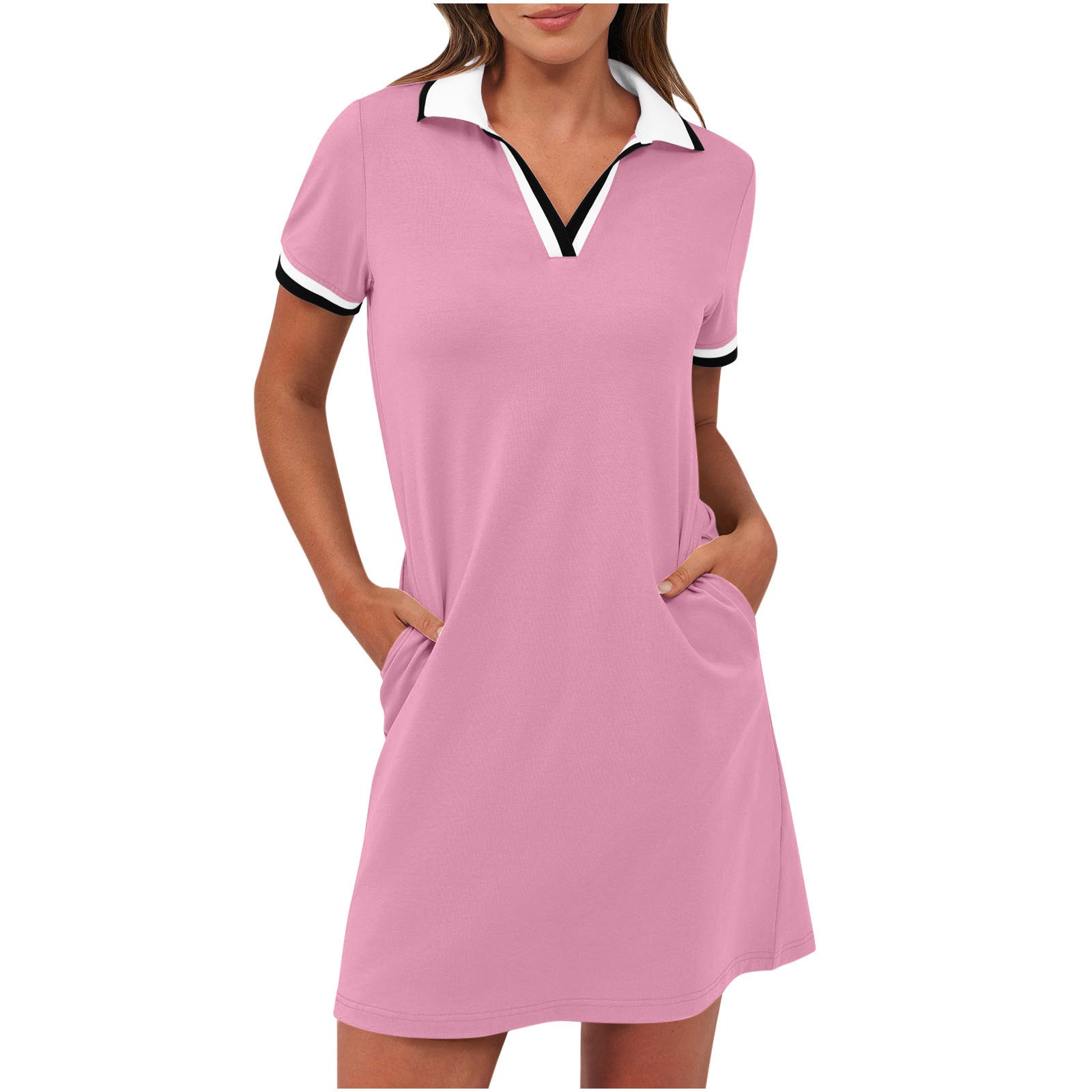 Robe mini polo à manches courtes avec bordure contrastée et coupe évasée pour femme