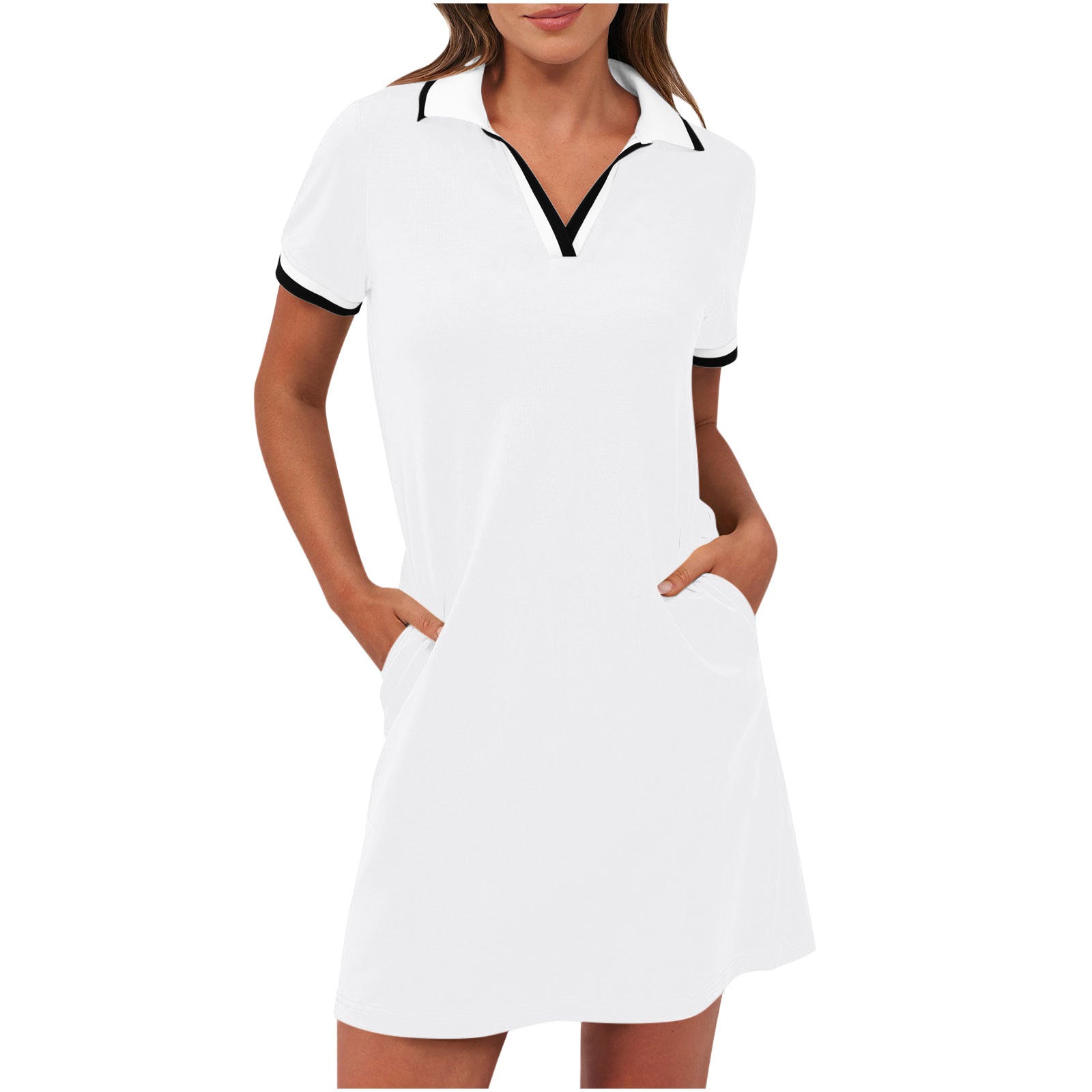 Robe mini polo à manches courtes avec bordure contrastée et coupe évasée pour femme