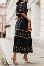 Damen Midi-Kleid mit Gürtel, Stehkragen und fließendem Rock, bedruckt