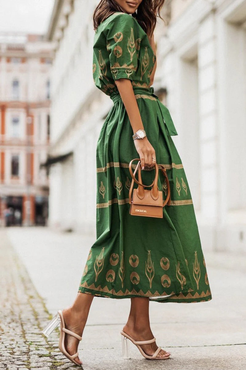 Damen Midi-Kleid mit Gürtel, Stehkragen und fließendem Rock, bedruckt