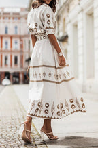 Damen Midi-Kleid mit Gürtel, Stehkragen und fließendem Rock, bedruckt