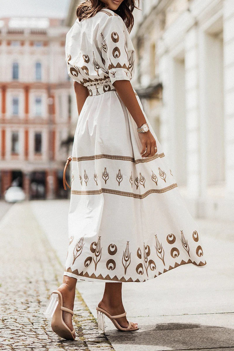 Damen Midi-Kleid mit Gürtel, Stehkragen und fließendem Rock, bedruckt