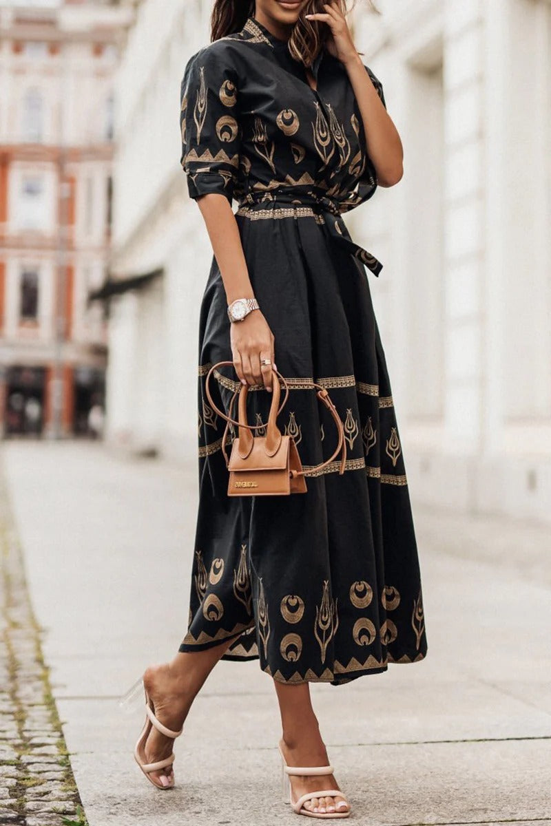 Damen Midi-Kleid mit Gürtel, Stehkragen und fließendem Rock, bedruckt