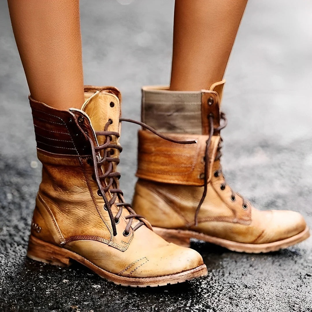 Bottes de combat vintage à lacets mi-mollet pour femme