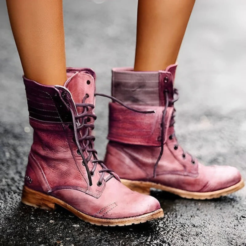 Damen Vintage Schnürstiefel im Kampfstiefel-Stil bis zur Mitte der Wade