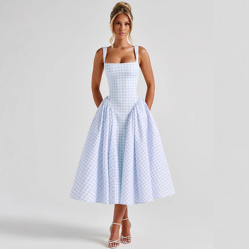 Robe midi vichy élégante avec corsage structuré et jupe fluide