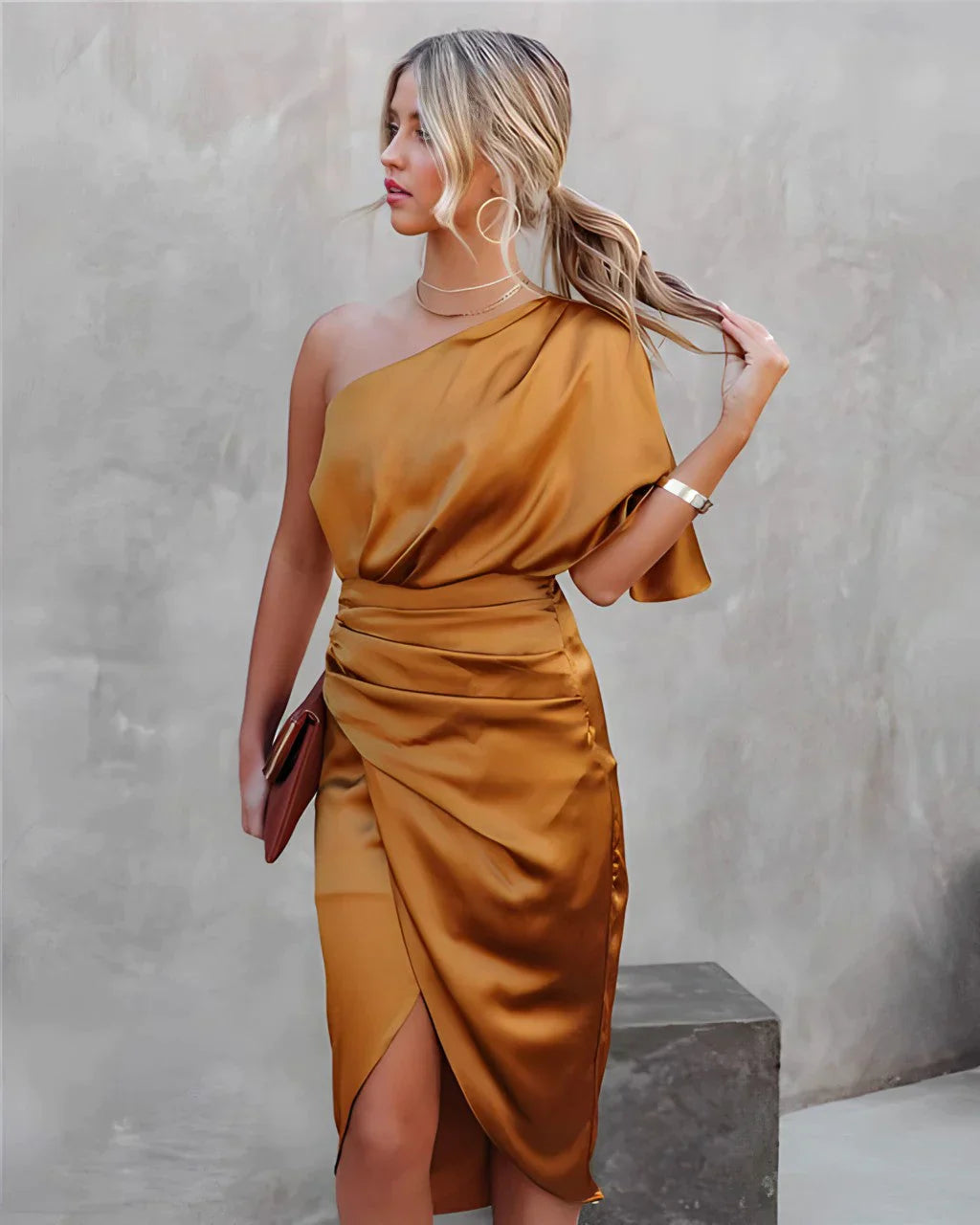 Women One-Shoulder Midi Dress with Ruched Detail and Elegant Sculpted Fit