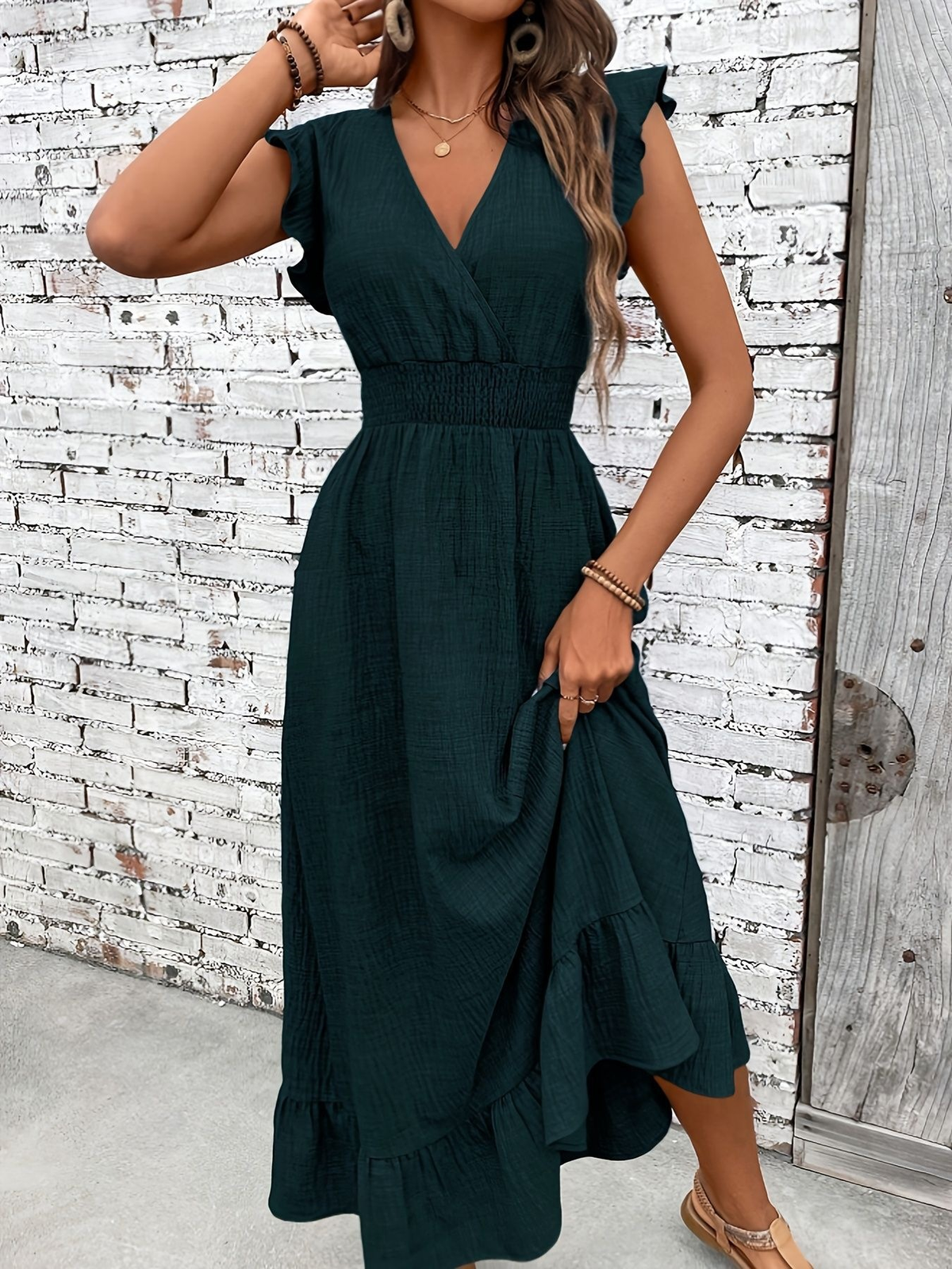 Women's Ruffle Sleeve V-Neck Smocked Waist Maxi Dress