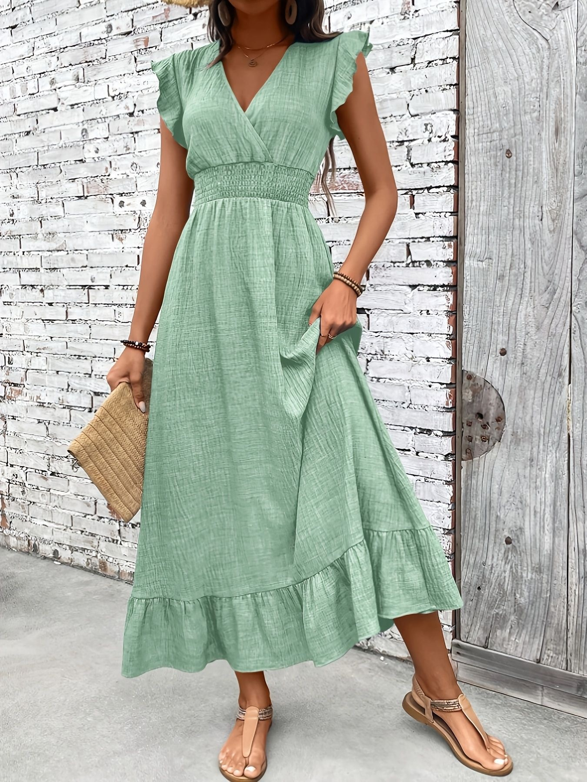 Women's Ruffle Sleeve V-Neck Smocked Waist Maxi Dress