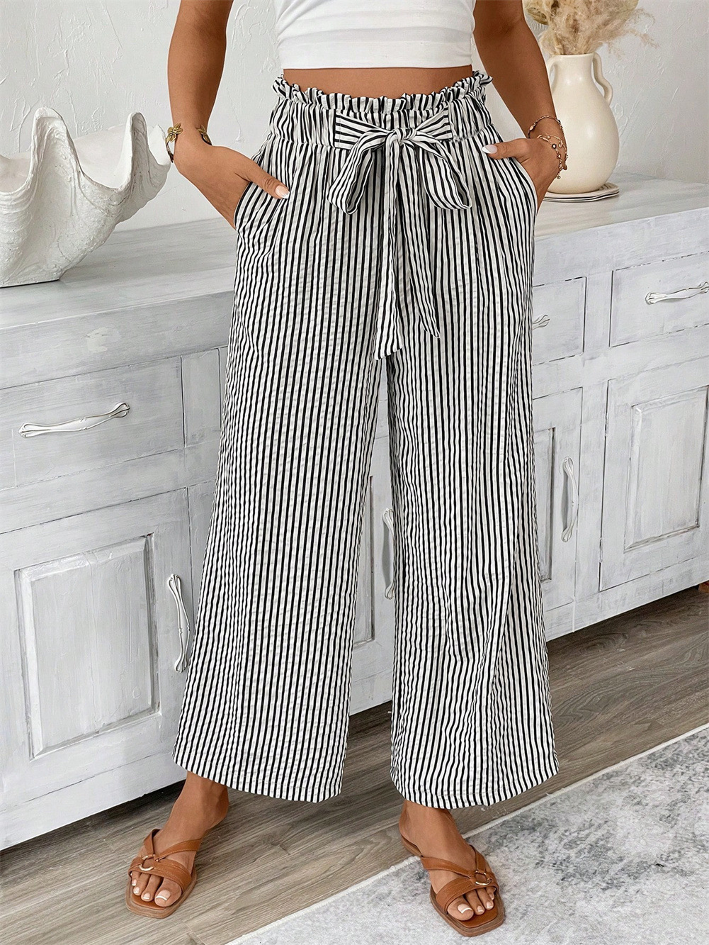 Pantalon large rayé pour femme avec cordon de serrage