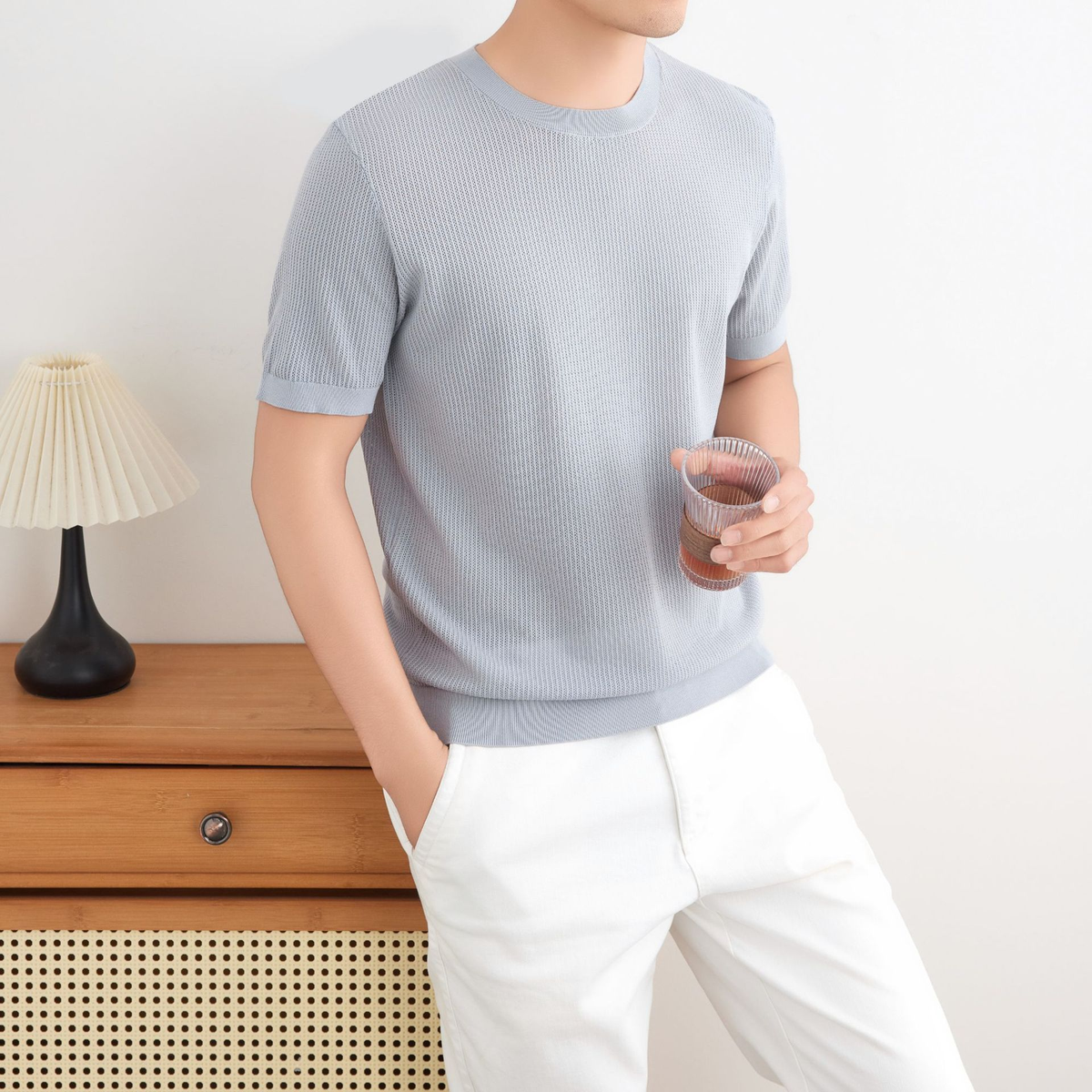 T-shirt en maille côtelée pour homme avec col rond pour un style décontracté chic