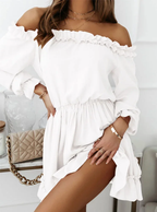 Women's Off-Shoulder Ruffle Mini Dress with Long Puff Sleeves