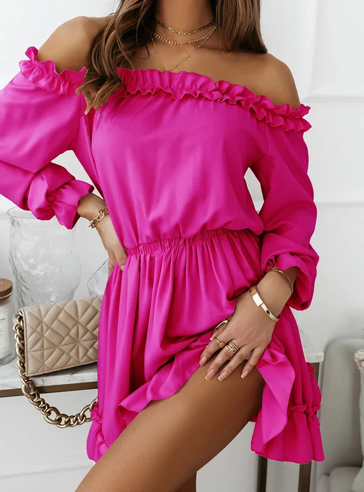 Women's Off-Shoulder Ruffle Mini Dress with Long Puff Sleeves