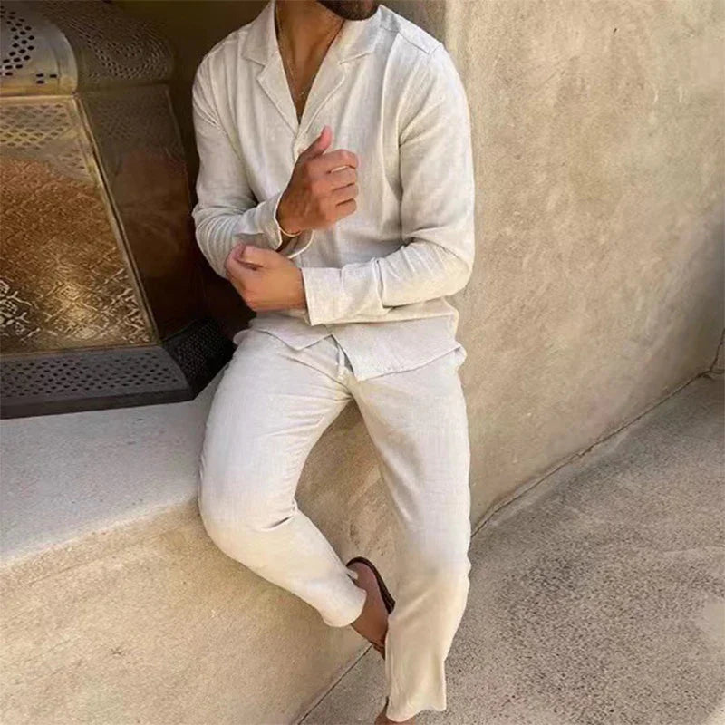 Herren Leinen-Zweiteiler mit lockerer Passform und elegantem Sommerstil