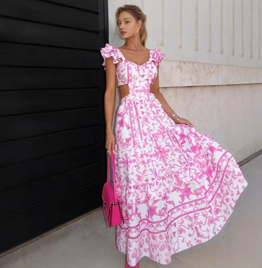 Maxikleid für Damen mit Blumenmuster, Rüschenärmeln, Cut-Out-Details, tiefem V-Ausschnitt und fließender Silhouette