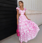 Maxikleid für Damen mit Blumenmuster, Rüschenärmeln, Cut-Out-Details, tiefem V-Ausschnitt und fließender Silhouette