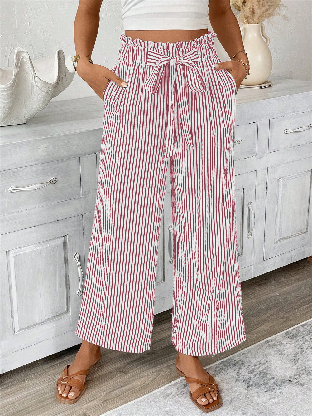 Pantalon large rayé pour femme avec cordon de serrage