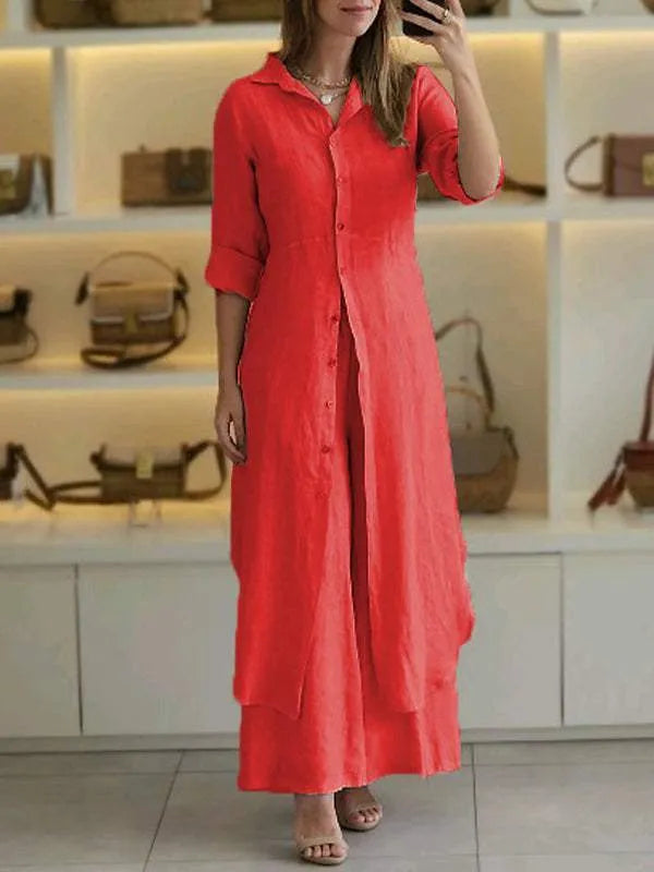 Women Linen Two Piece Set with Button Dress and Flowing Trousers