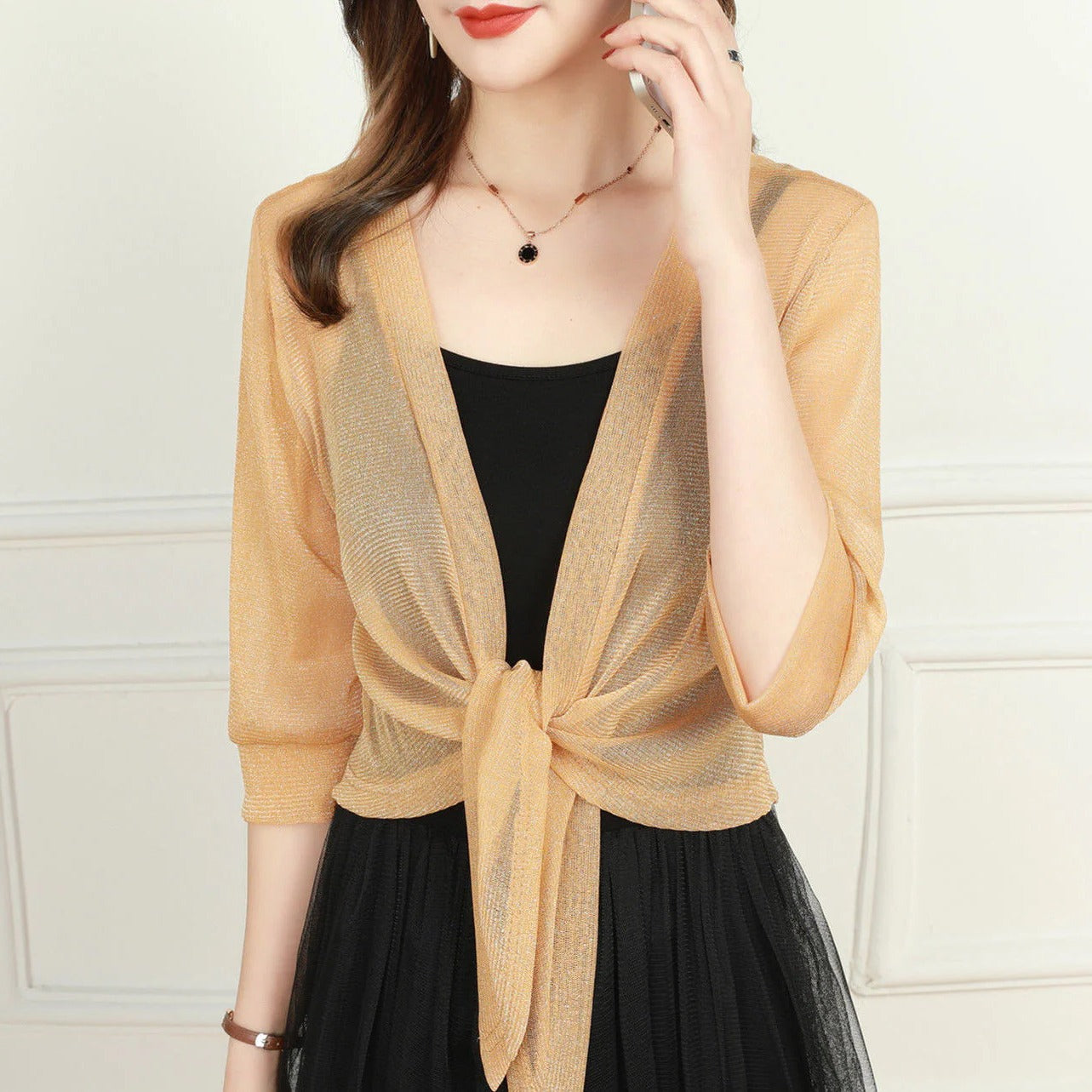 Cardigan boléro court transparent à nouer devant pour femme