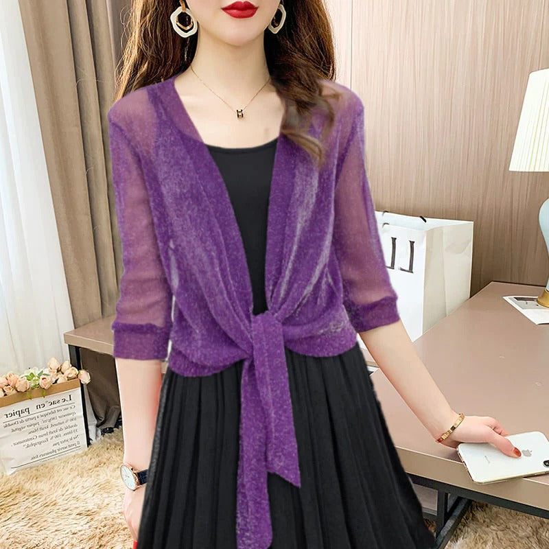 Cardigan boléro court transparent à nouer devant pour femme