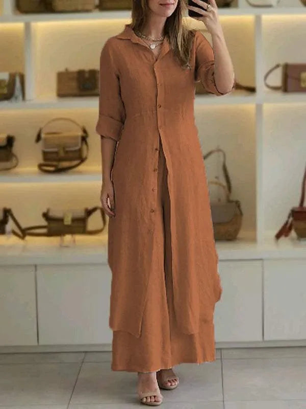 Women Linen Two Piece Set with Button Dress and Flowing Trousers