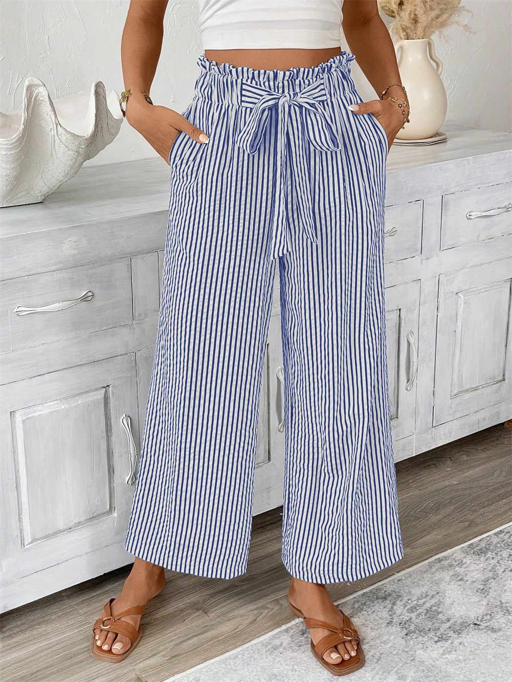 Pantalon large rayé pour femme avec cordon de serrage