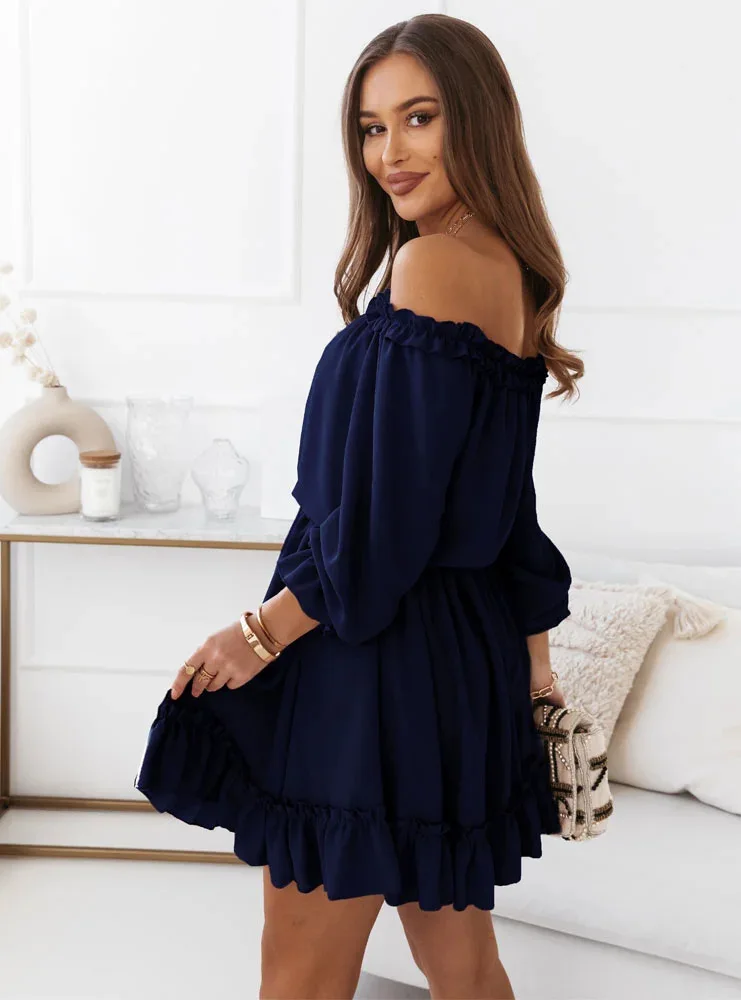 Women's Off-Shoulder Ruffle Mini Dress with Long Puff Sleeves