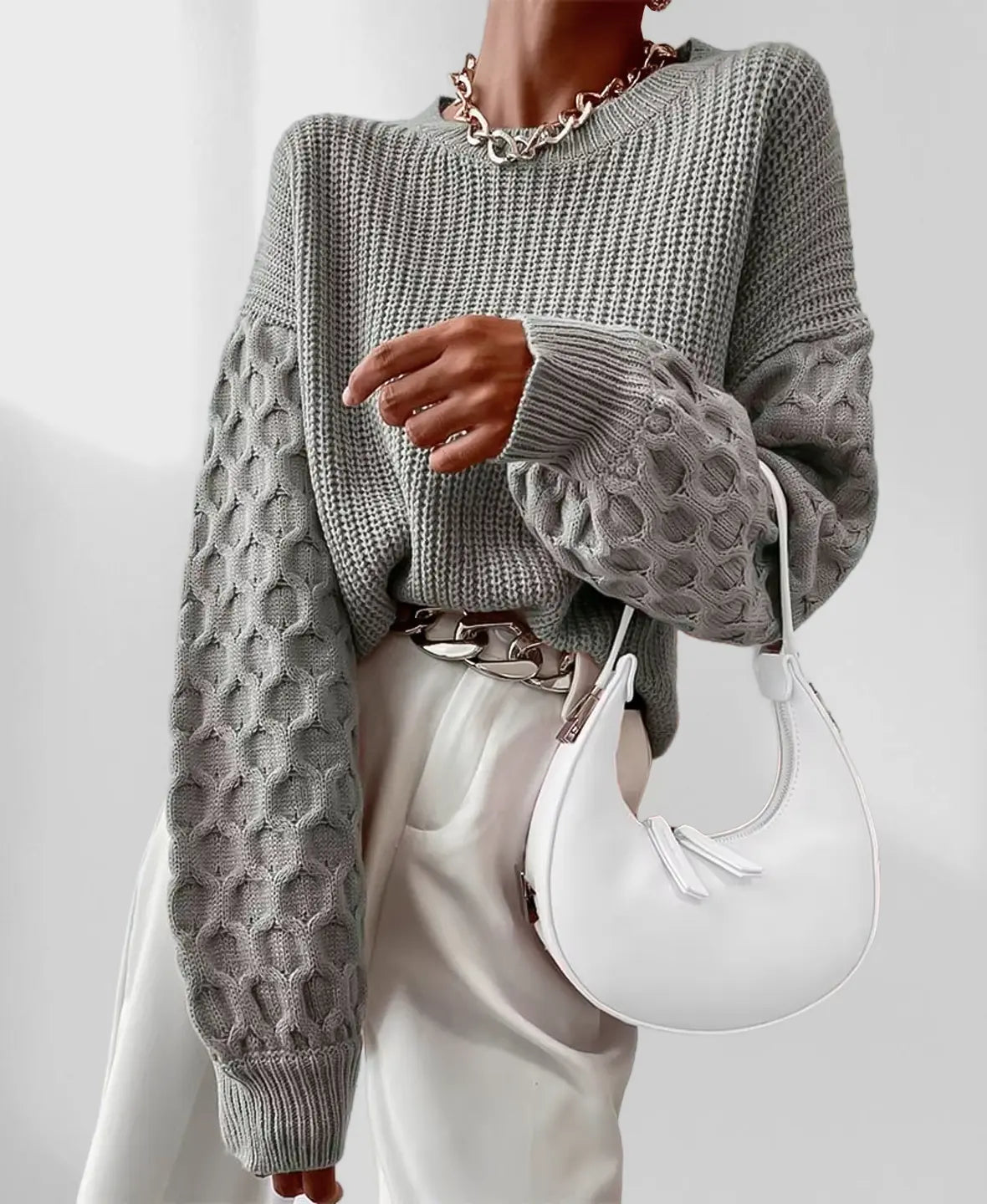Pull en tricot texturé pour femme à manches ballon