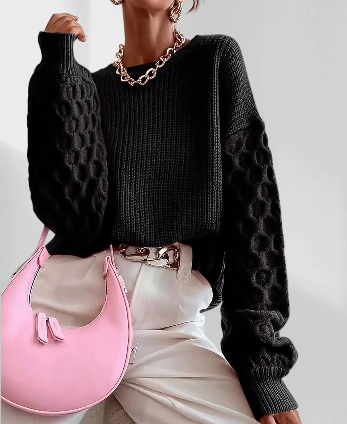 Pull en tricot texturé pour femme à manches ballon