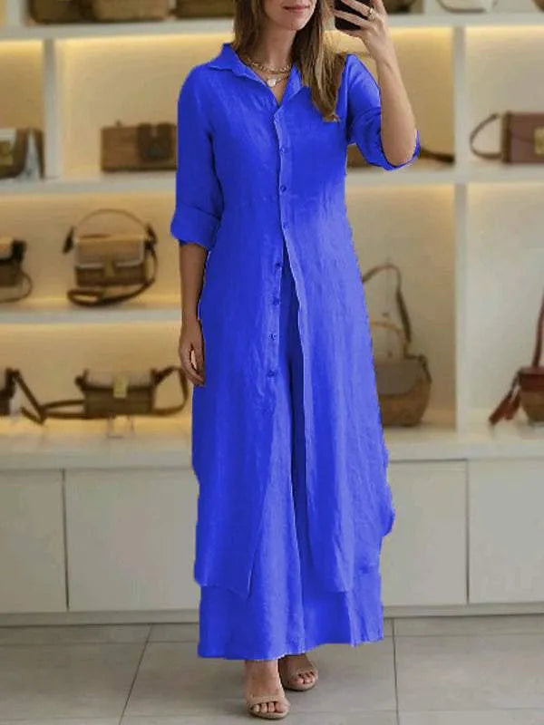Women Linen Two Piece Set with Button Dress and Flowing Trousers