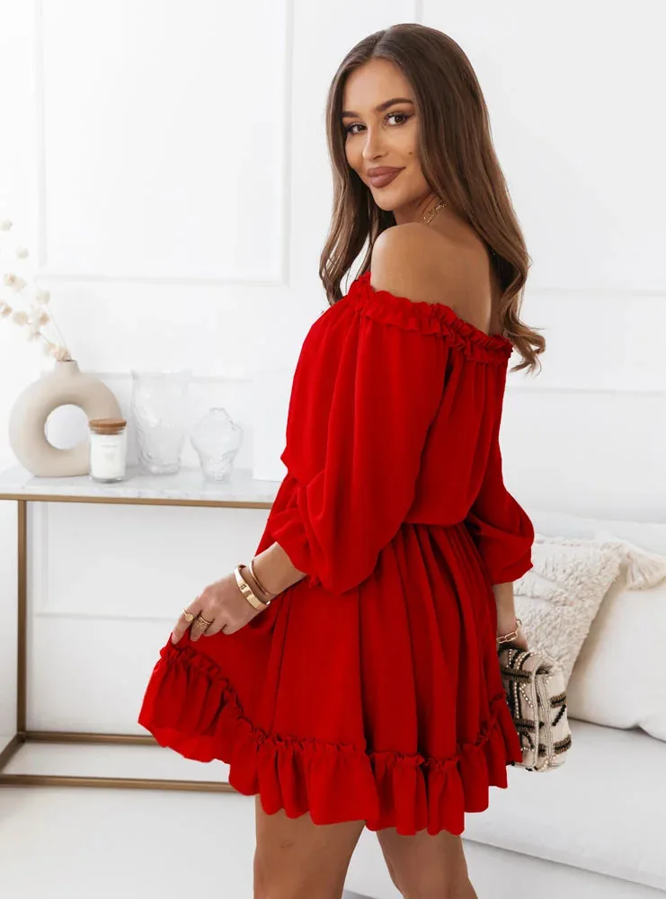 Women's Off-Shoulder Ruffle Mini Dress with Long Puff Sleeves
