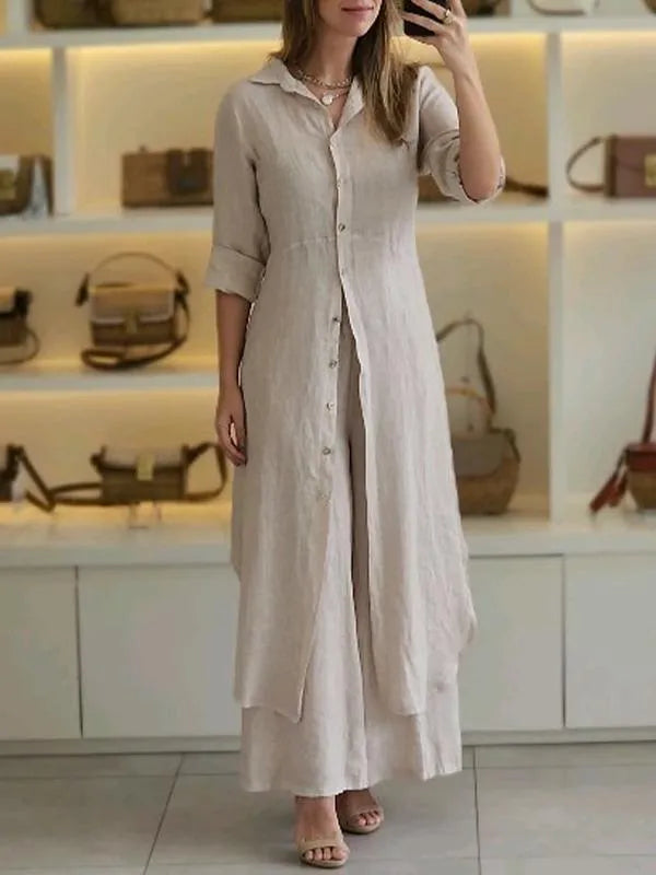 Damen Leinen-Zweiteiler mit Knopfkleid und fließender Hose