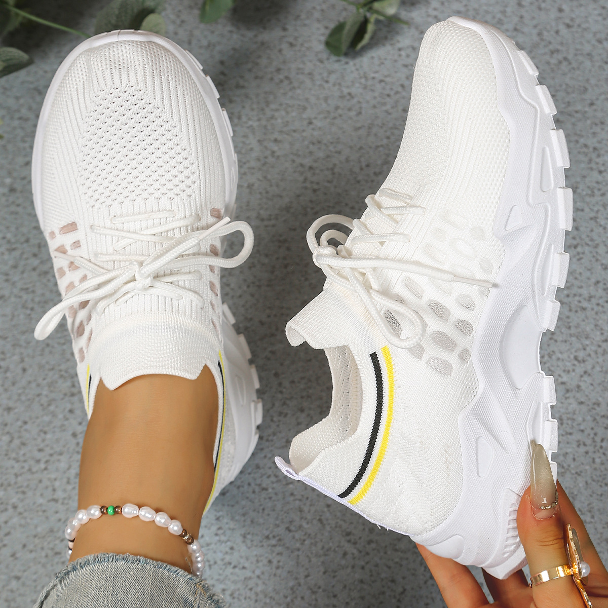 Damestrikkede platform-sneakers til gåture